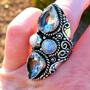 New White Topaz & Rainbow Moonstone 925 Silver Statement Ring.